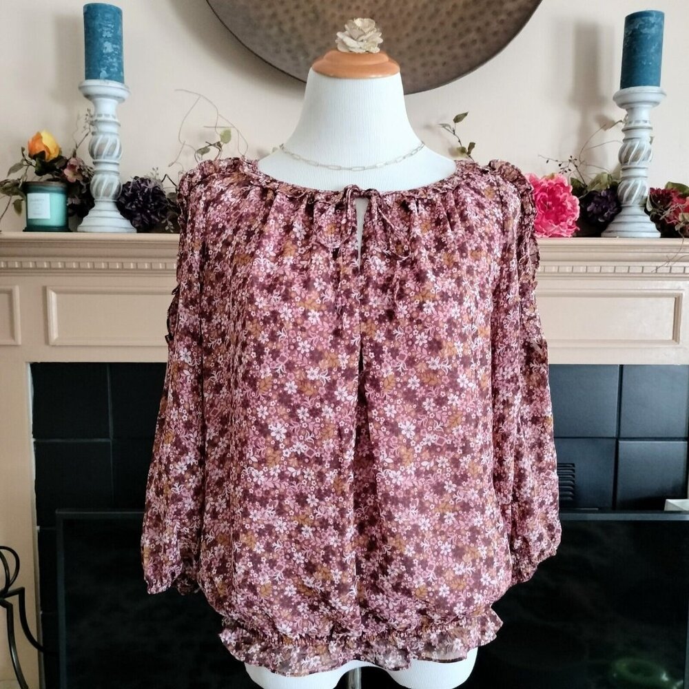 Max Studio Ditsy Floral Chiffon Top L Ruffles Cold Shoulder Lined Blouson Waist